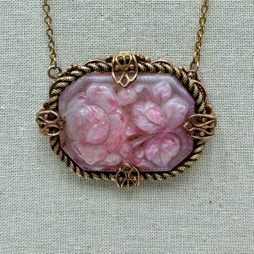 Antique Czech Glass  Pink and Gold Floral Pendant Necklace #3AN